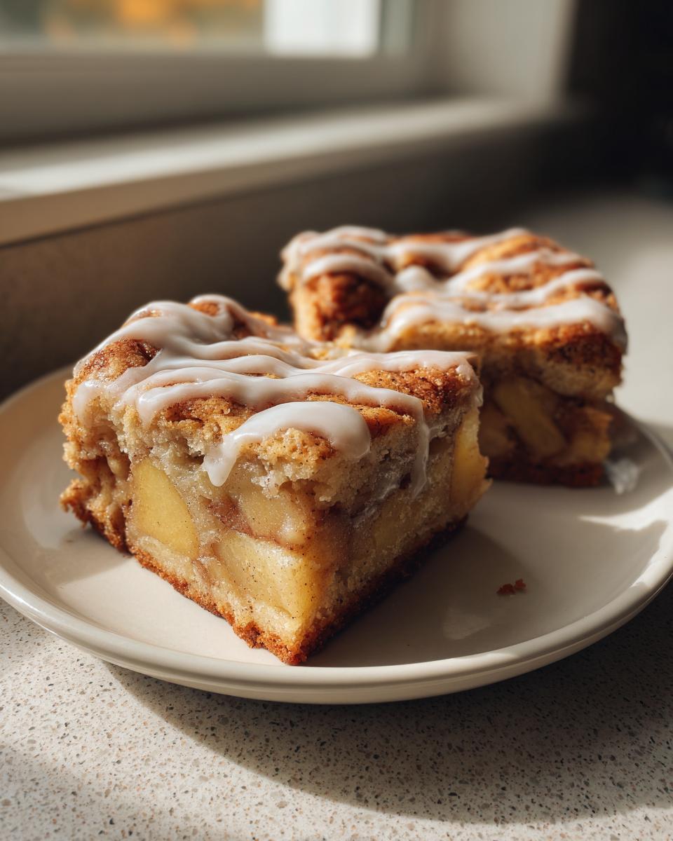 Two squares of soft apple pie bars topped with a thick vanilla glaze sitting on a white plate.
