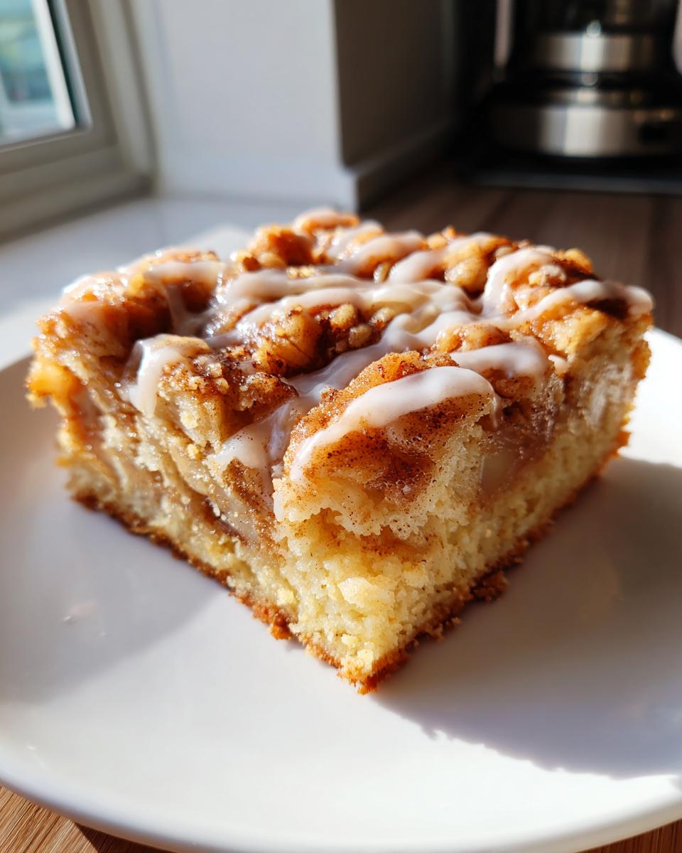 A square slice of apple pie bars topped with cinnamon crumble and white icing drizzle.