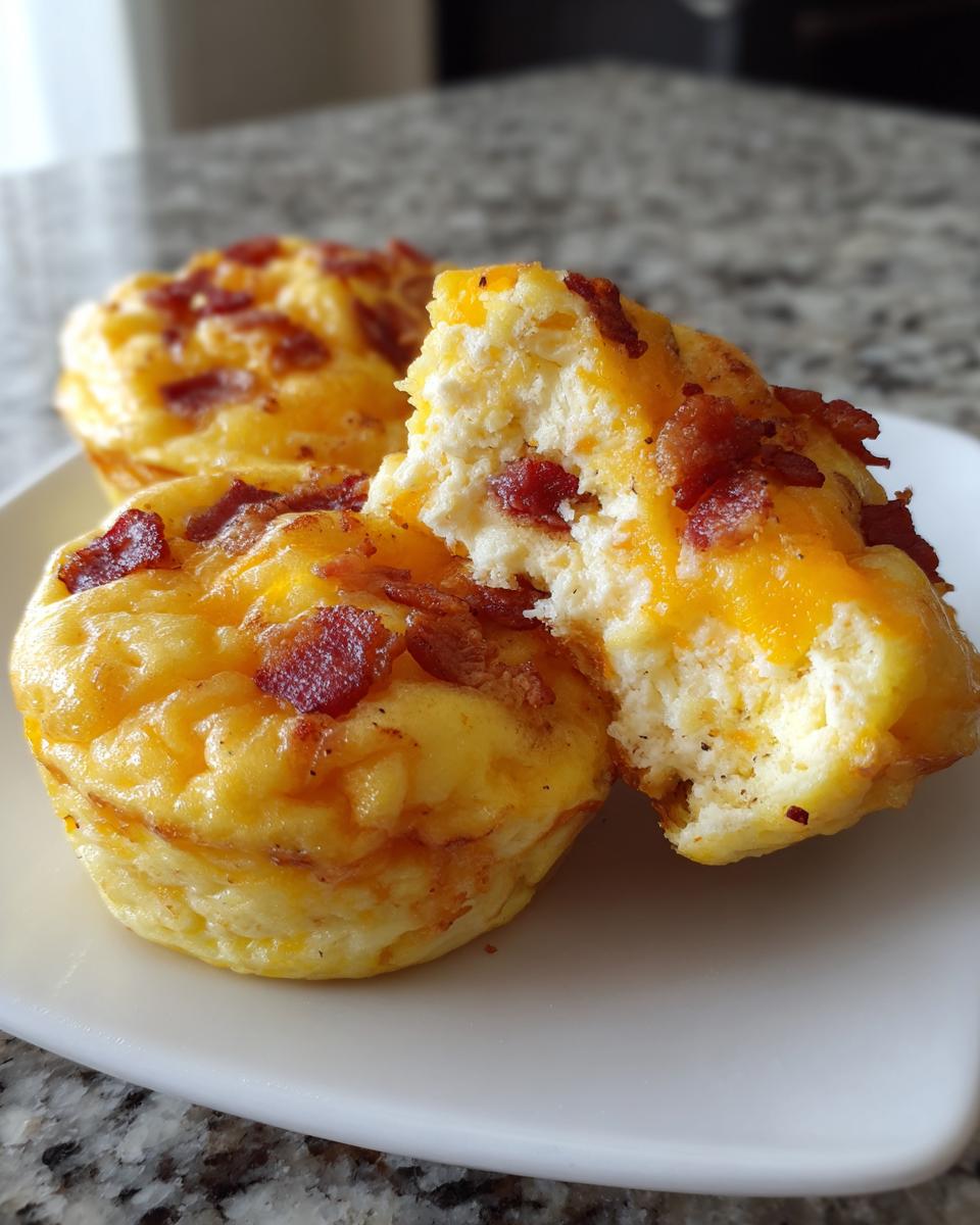 A close-up of three bacon cheddar egg bites, one broken open to show the fluffy interior.