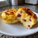 Two fluffy, baked egg bites topped with bacon and melted cheddar cheese, one cut open to show the texture of these amazing egg bites.