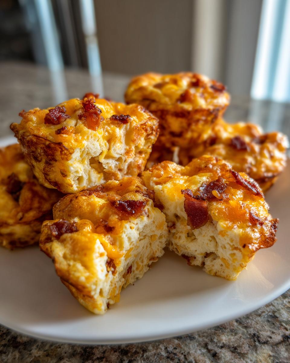 Close-up of fluffy bacon and cheese egg bites, one cut in half showing the texture.
