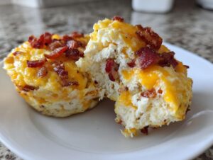 Two bacon and cheese egg bites, one broken open to show the fluffy interior, served on a white plate.