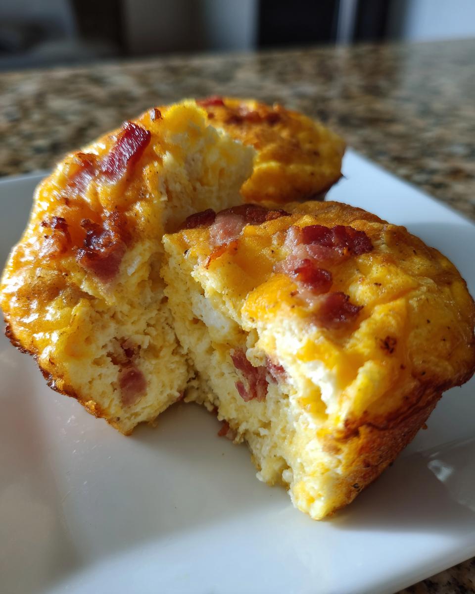 Close-up of two homemade bacon and cheese egg bites on a white plate, one is broken open showing the fluffy interior.