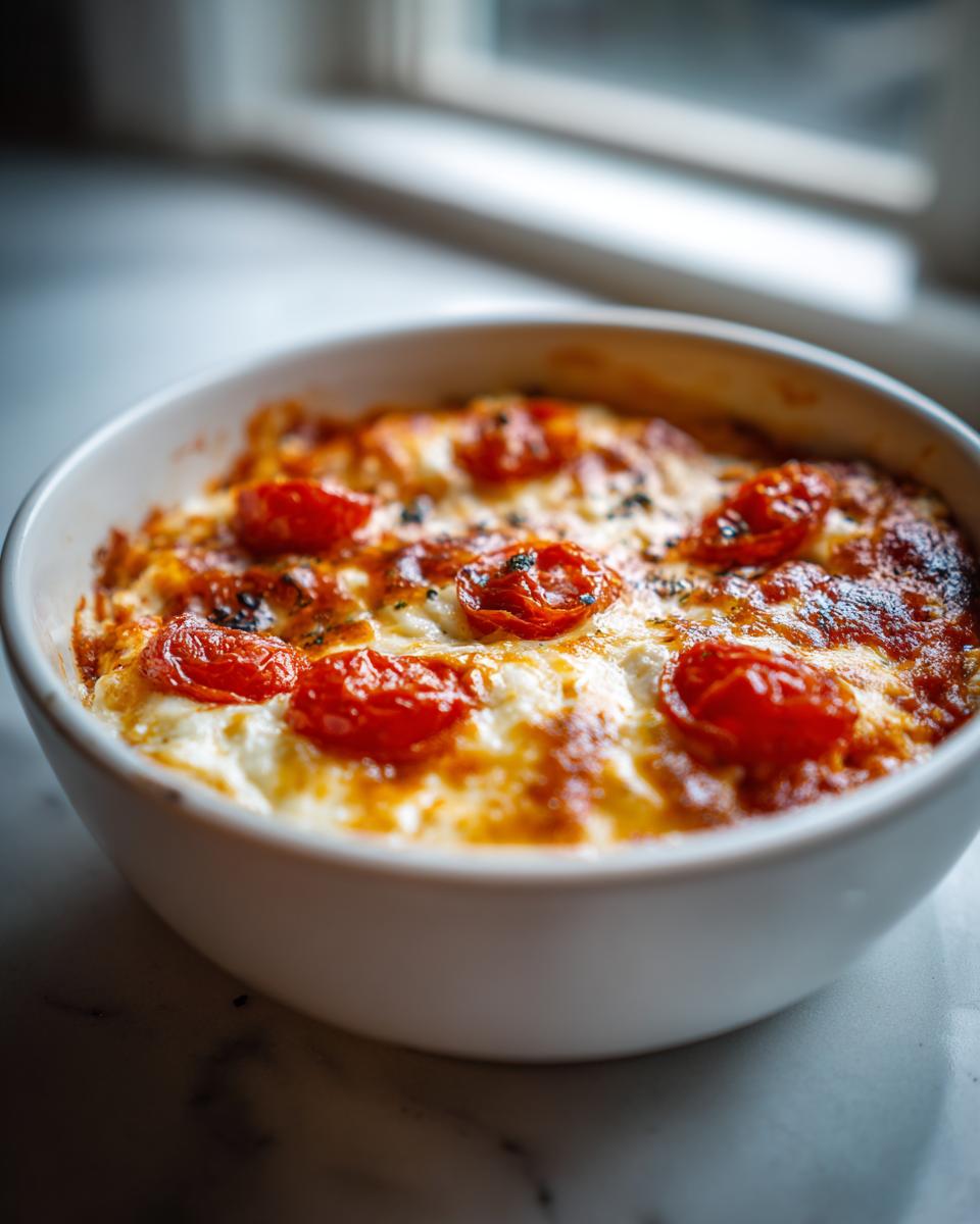 Close-up of a baked cottage cheese pizza bowl topped with melted cheese and roasted cherry tomatoes.
