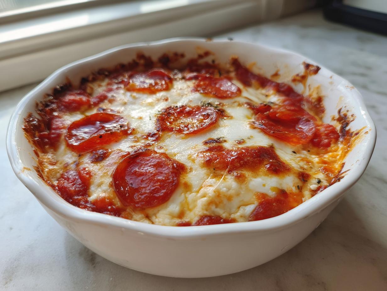 Close-up of a baked cottage cheese pizza bowl topped with melted mozzarella and pepperoni slices.