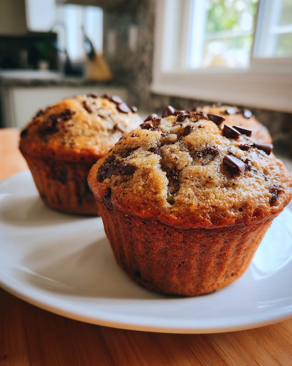 Close-up of three golden brown banana chocolate chip muffins topped with chocolate chips on a white plate.