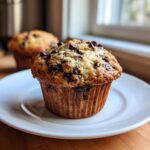 Close-up of a freshly baked banana chocolate chip muffins topped with melted chocolate chips on a white plate.