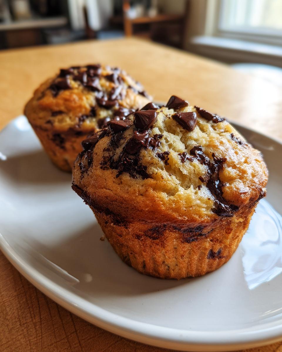 Two freshly baked banana chocolate chip muffins topped with melted chocolate chips on a white plate.