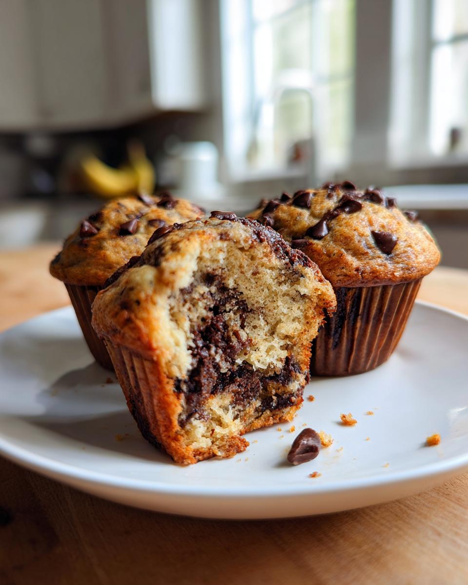 Three banana chocolate chip muffins on a plate, one cut in half showing the moist interior and melted chocolate chips.