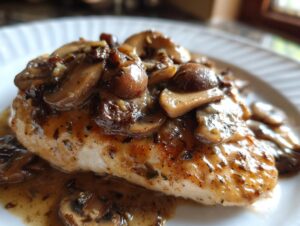 Close-up of a perfectly cooked chicken marsala breast topped generously with sautéed mushrooms in a rich, creamy Marsala sauce.