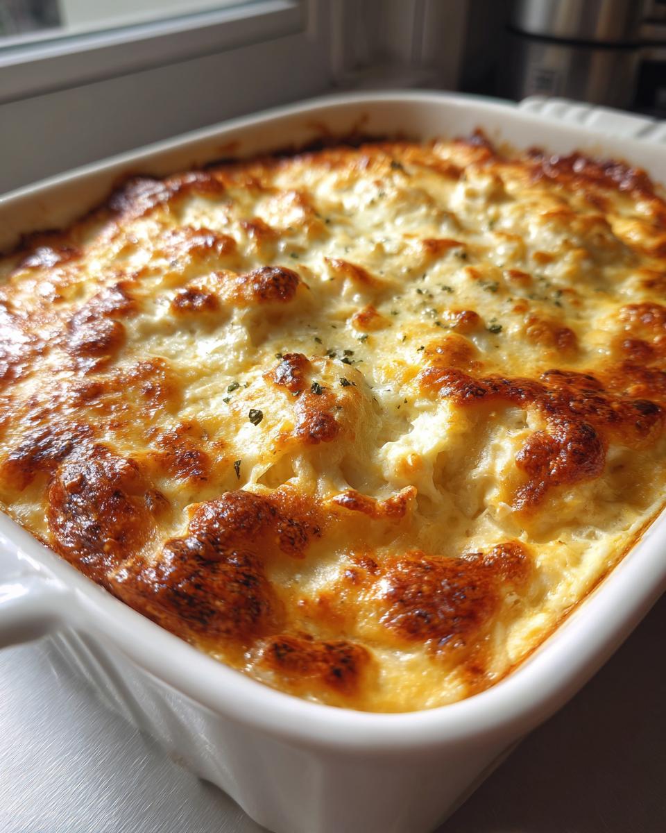 Close-up of a hot crab dip baked in a white dish, featuring a bubbly, golden-brown cheesy crust.