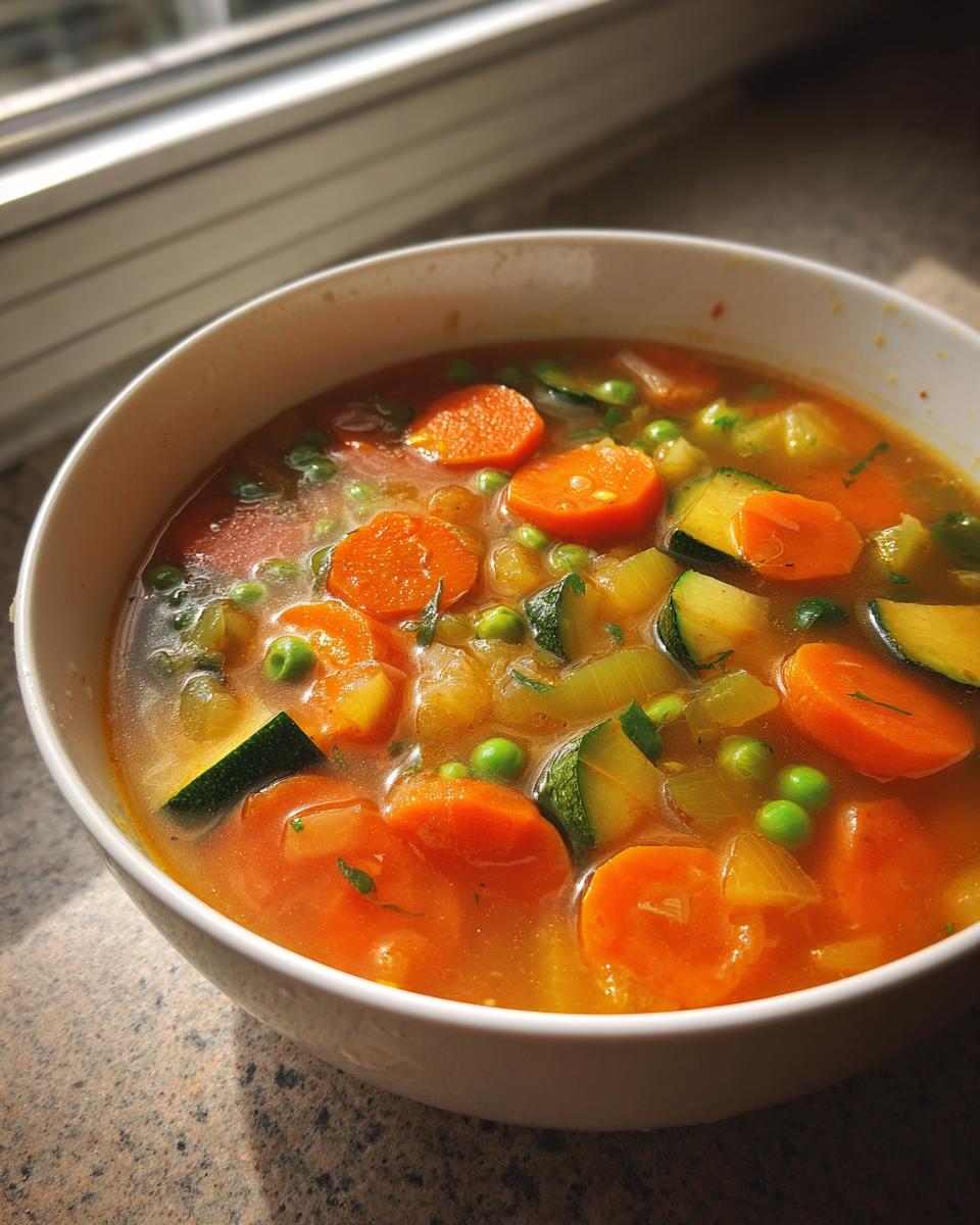 Close-up of a white bowl filled with bright vegetable soup featuring sliced carrots, zucchini, and peas.