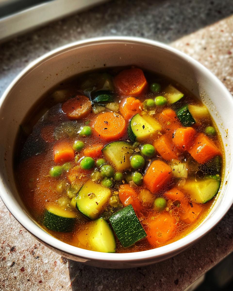 Close-up of a white bowl filled with rich vegetable soup featuring carrots, zucchini, and peas.