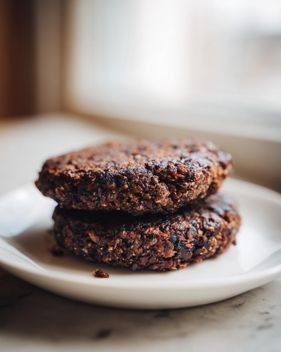 Close-up of two perfectly seared, dark brown black bean burger patties stacked on a small white plate.