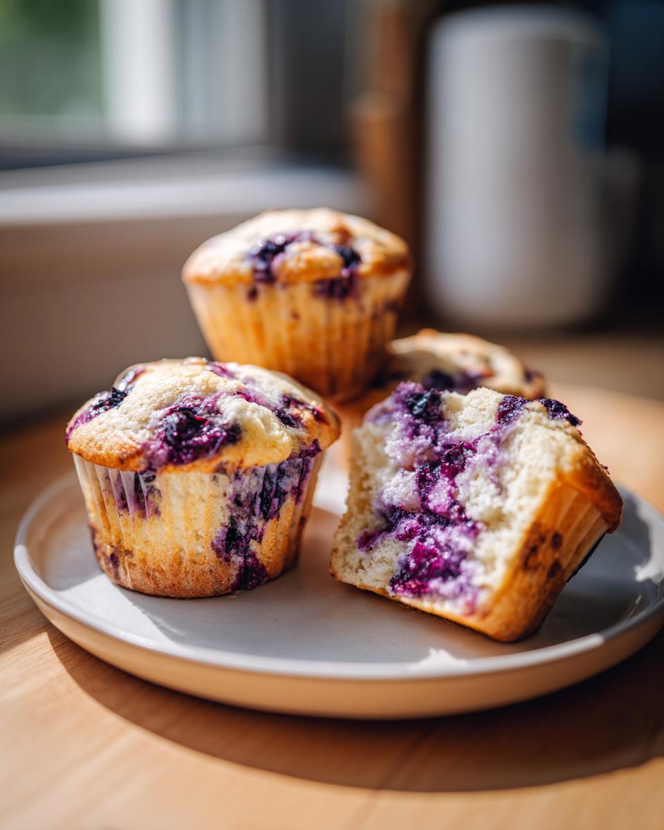Close-up of moist blueberry cottage cheese muffins, one cut in half showing the interior.