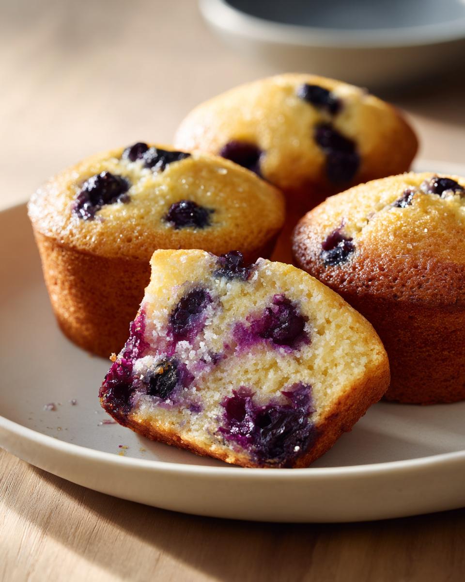 A plate featuring several golden blueberry cottage cheese muffins, with one muffin cut in half showing the moist interior filled with blueberries.