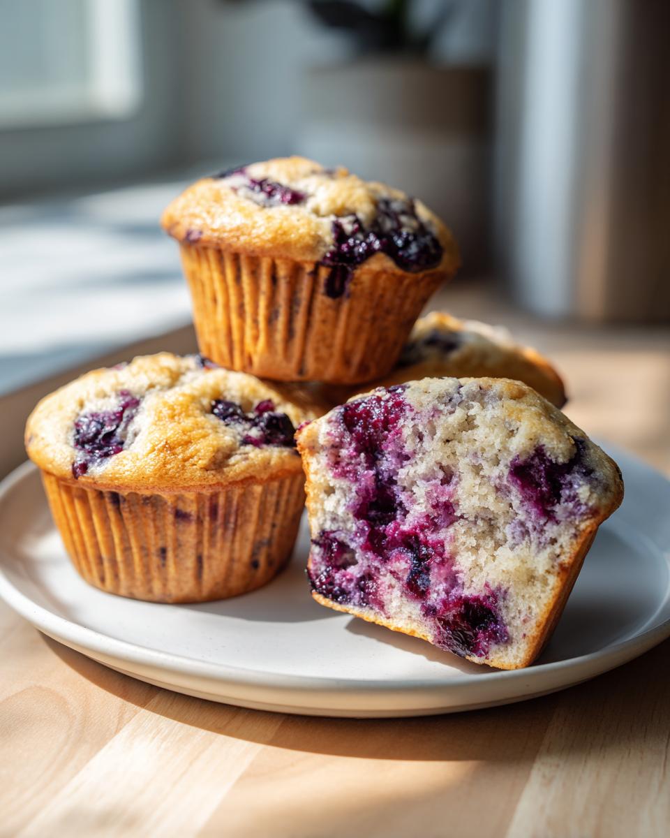 A stack of golden blueberry cottage cheese muffins, one cut in half showing the moist, berry-filled interior.