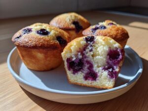 A plate of golden-brown blueberry cottage cheese muffins, one cut open showing the moist interior.