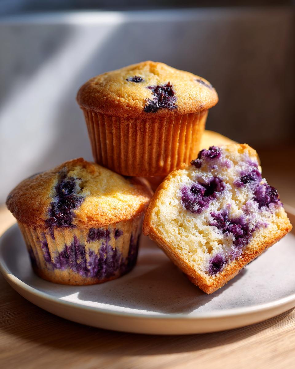 Three blueberry cottage cheese muffins stacked on a plate, one cut open showing the moist interior.
