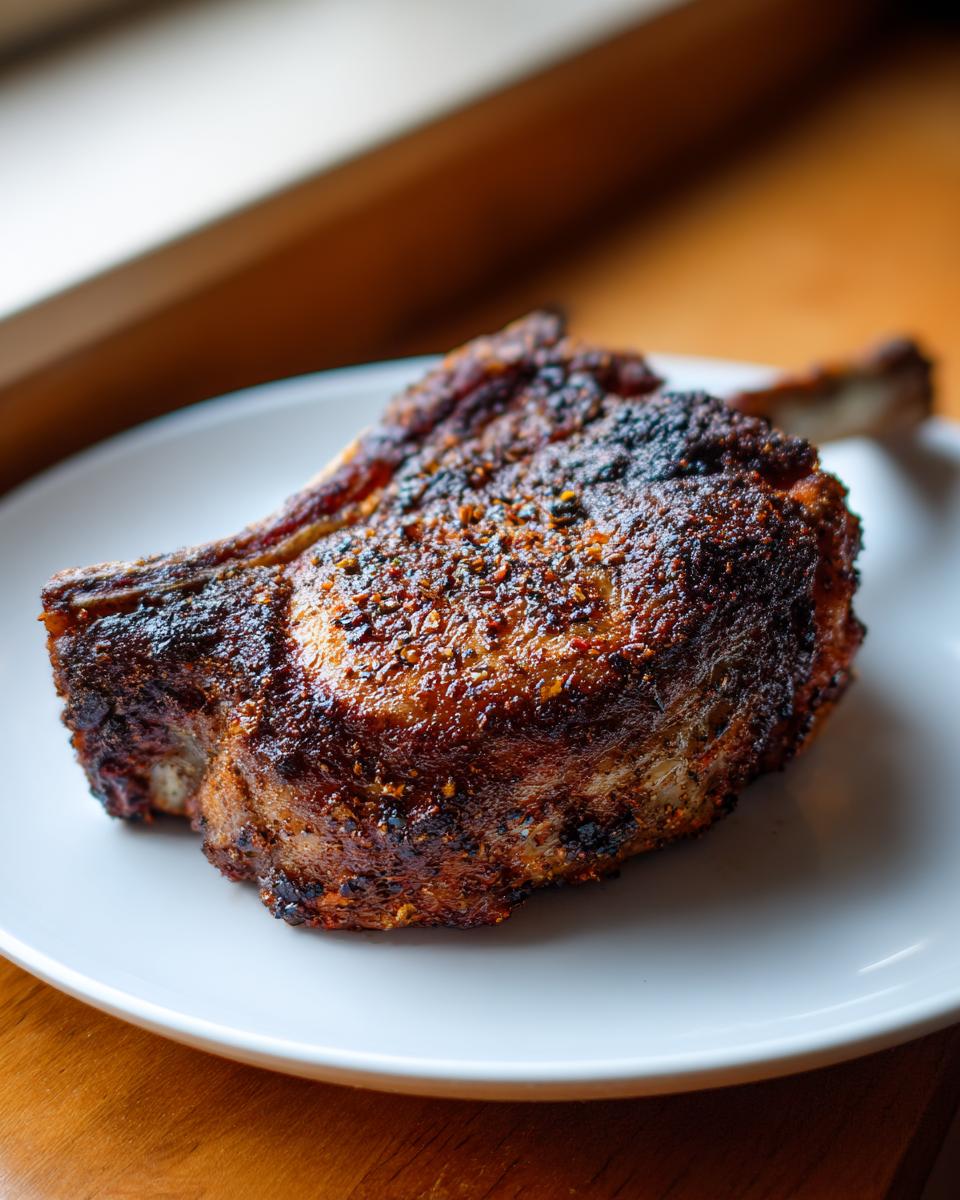 A thick, bone-in air fryer pork chop with a dark, seasoned crust resting on a white plate.