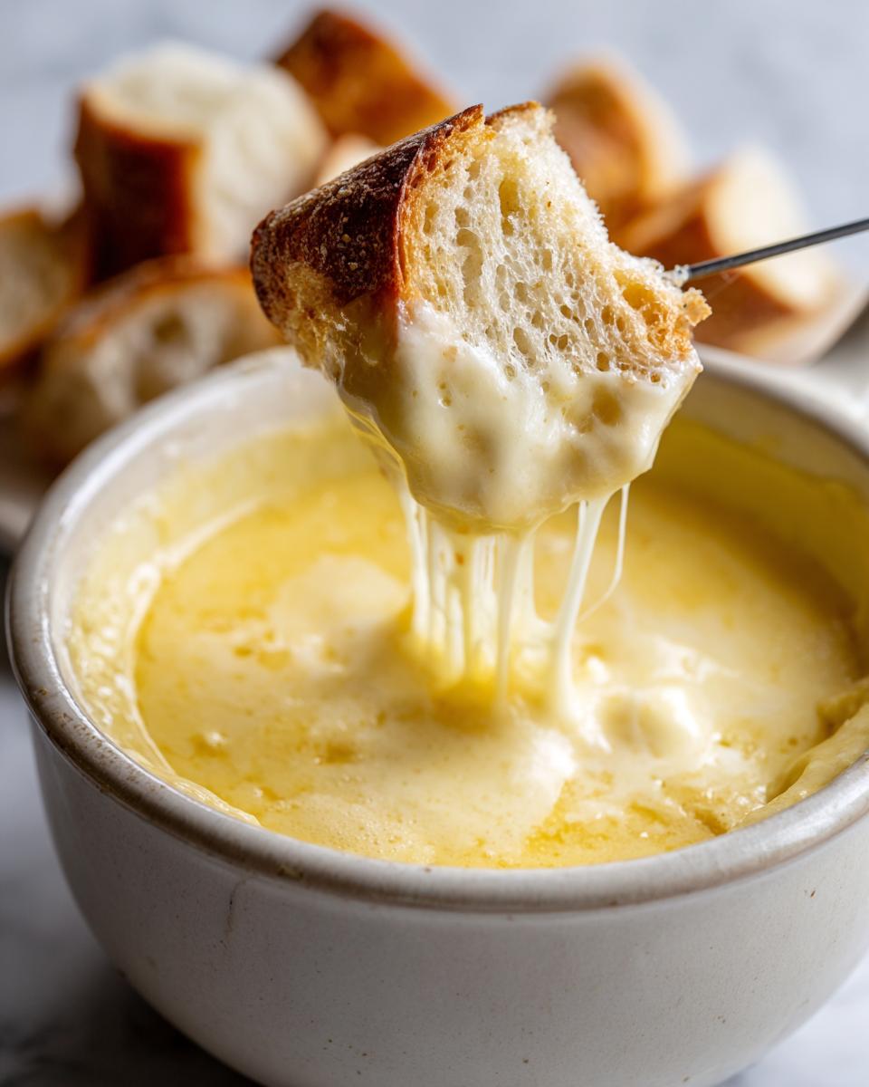 A piece of crusty bread being dipped into a bowl of melted, stringy cheese fondue recipe.