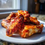 Close-up of crispy, saucy buffalo wings piled on a white plate, ready to eat.