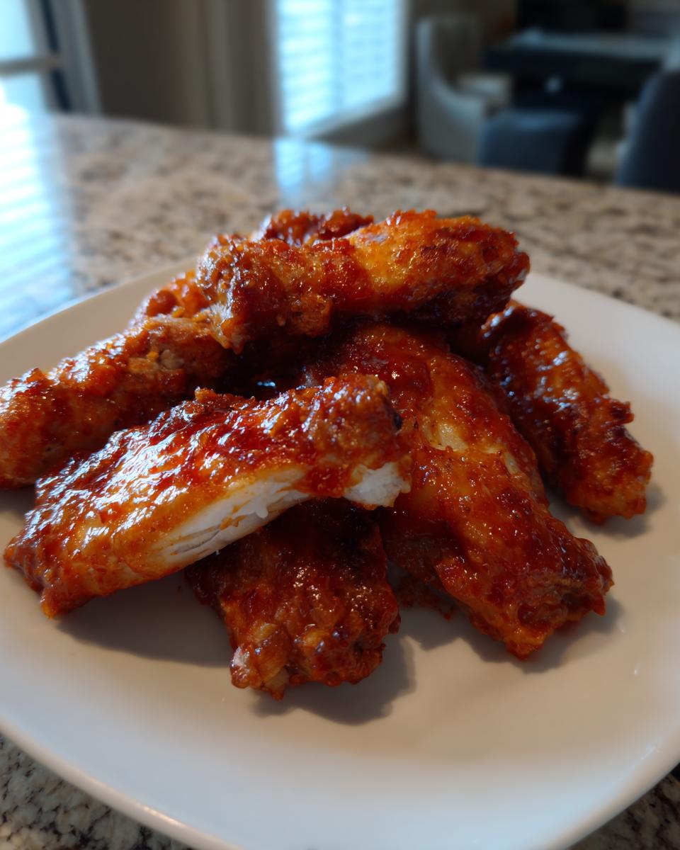 A pile of crispy, saucy buffalo wings recipe pieces served on a white plate, showing the white meat inside one broken wing.