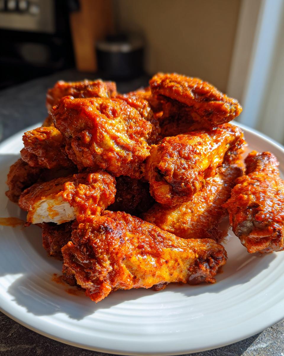 A pile of glistening, bright red buffalo wings recipe coated in sauce, with one wing broken open showing white meat.