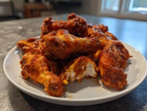 A white plate piled high with glistening, saucy buffalo wings, one wing broken open showing the white meat.