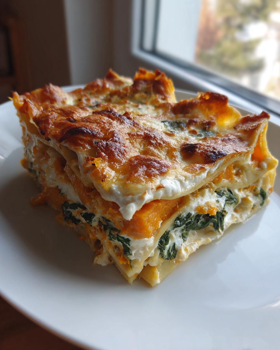A close-up view of a layered slice of butternut squash lasagna with spinach and a golden, bubbly cheese topping.
