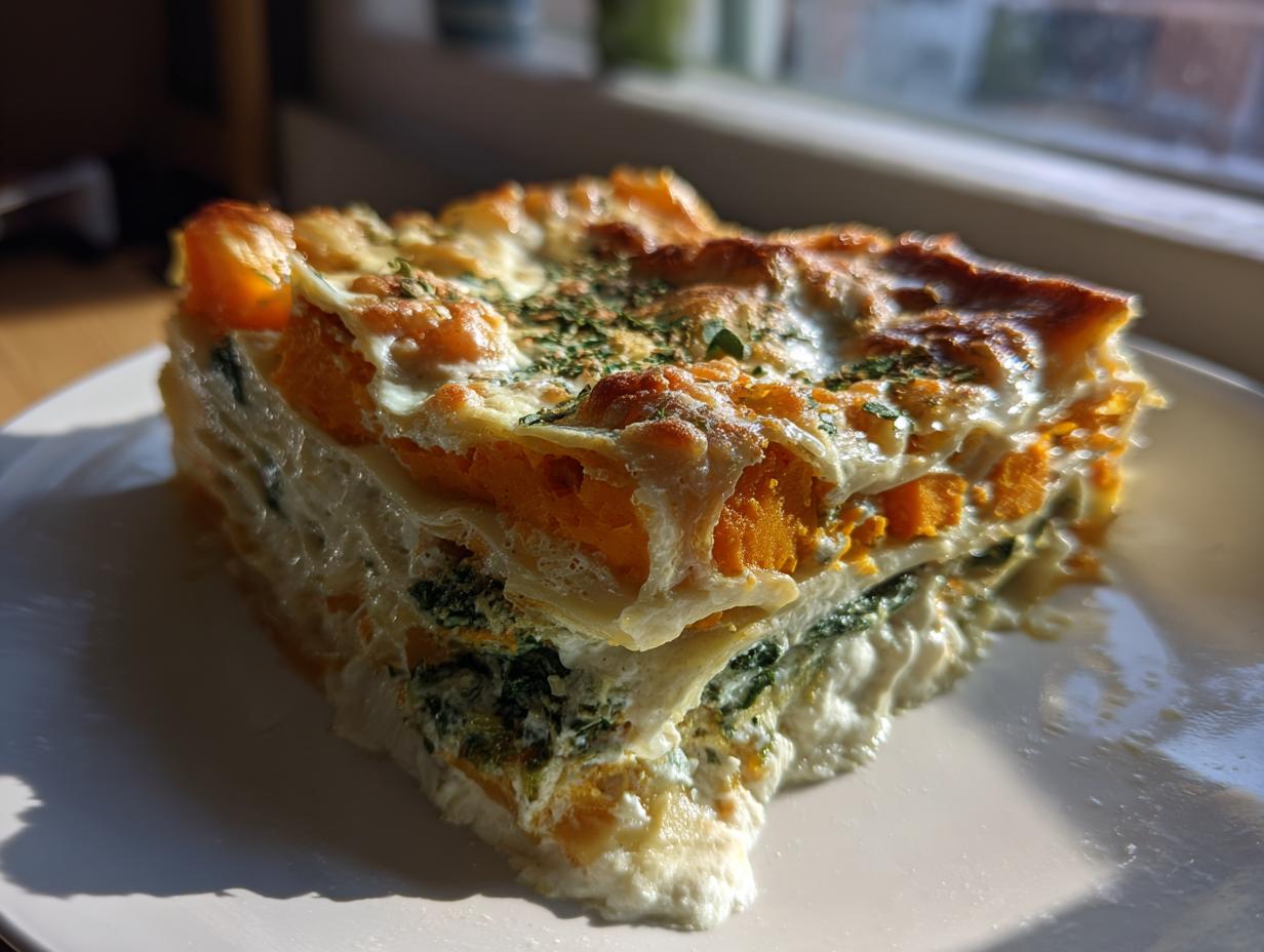 A close-up, sunlit slice of butternut squash lasagna showing layers of orange squash, green spinach, and creamy white sauce.