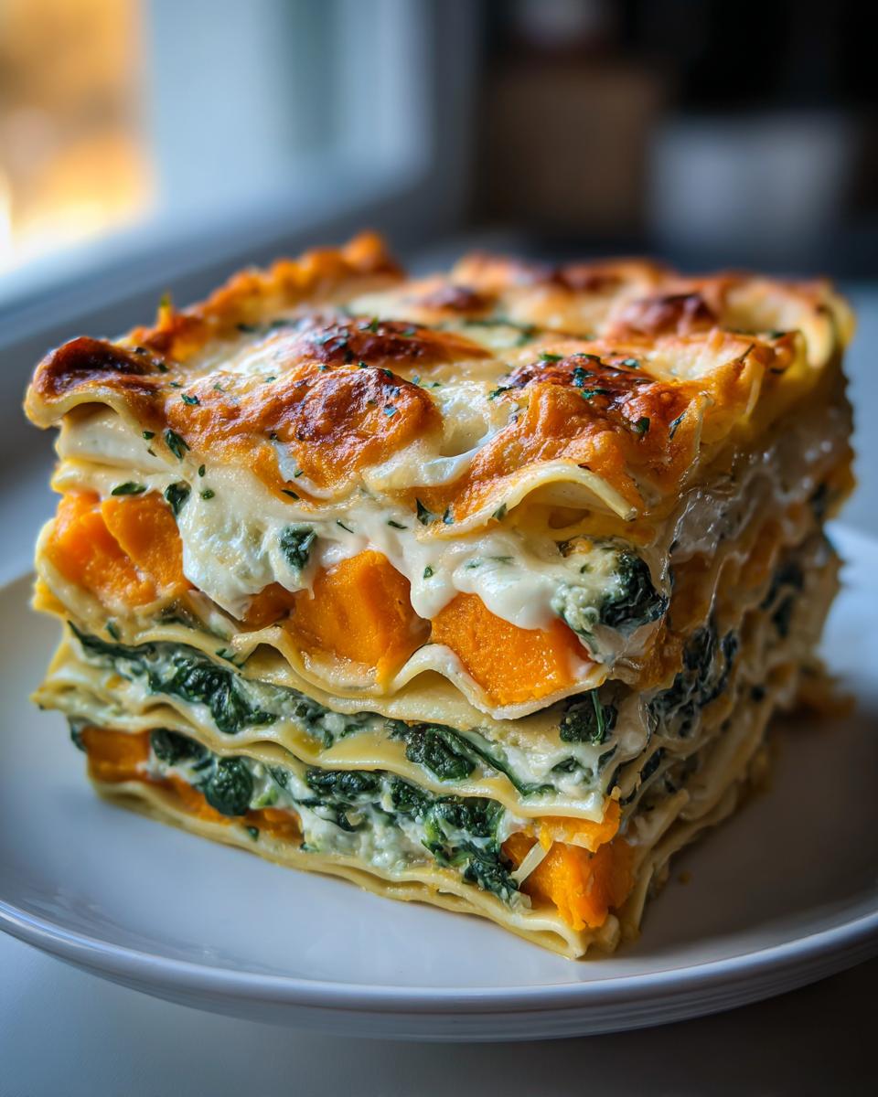A tall, layered slice of butternut squash lasagna featuring bright orange squash, green spinach, and creamy white cheese sauce.