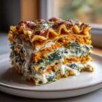 A tall, layered slice of butternut squash lasagna featuring bright orange squash, green spinach, and creamy white sauce.