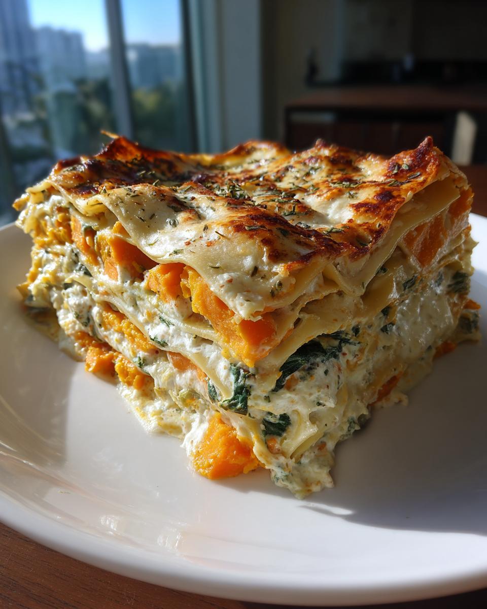 A thick, layered slice of butternut squash lasagna showing orange squash, white ricotta, and green spinach layers.