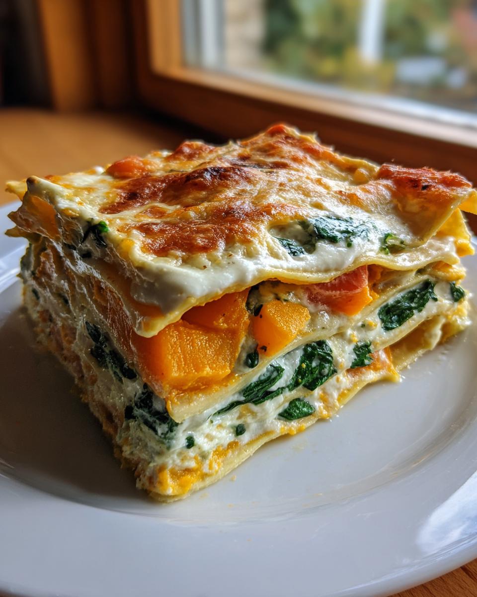A thick, layered slice of butternut squash lasagna showing orange squash, green spinach, and creamy white cheese filling.