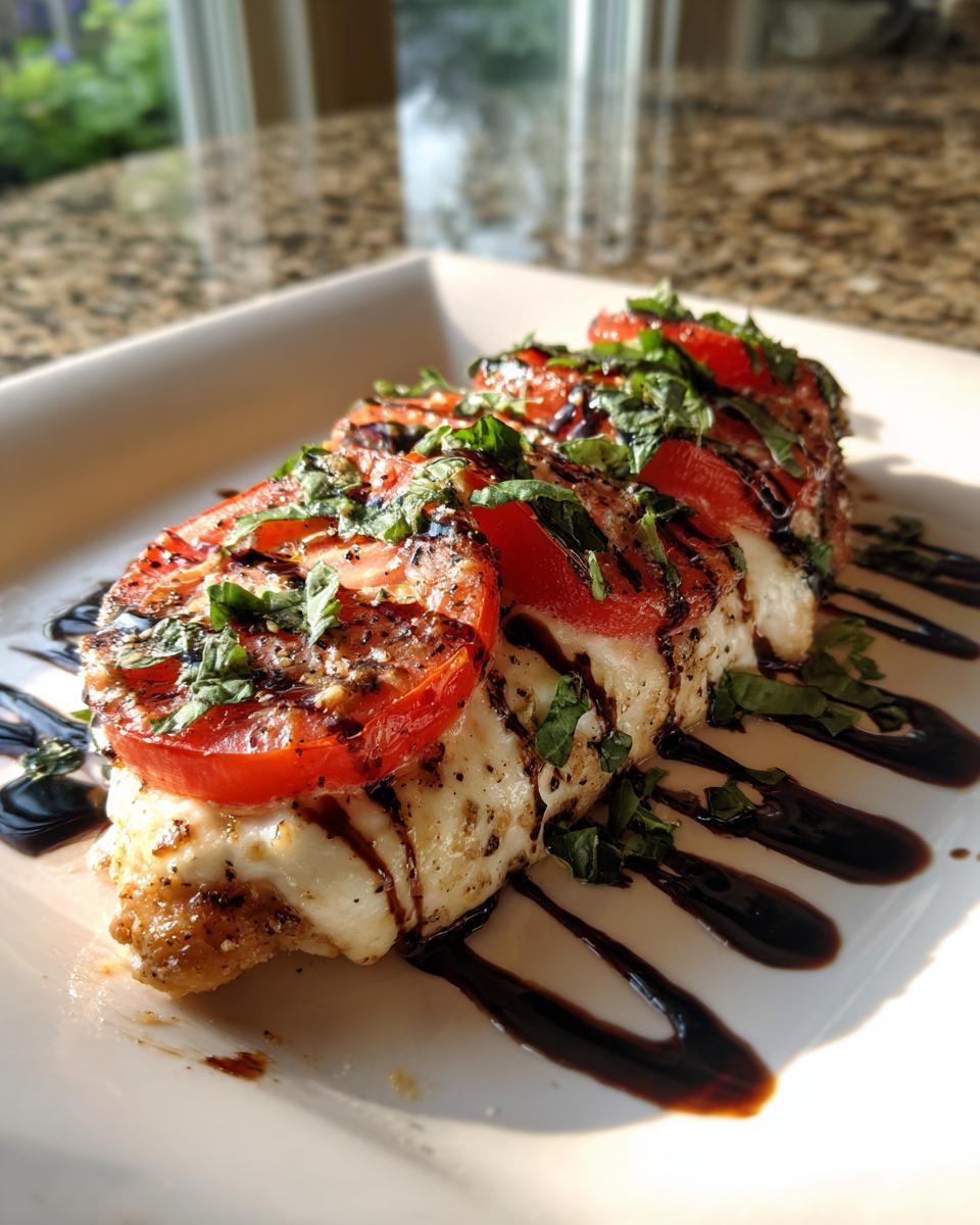 Close-up of baked caprese chicken topped with melted mozzarella, sliced tomatoes, and fresh basil, drizzled with balsamic glaze.