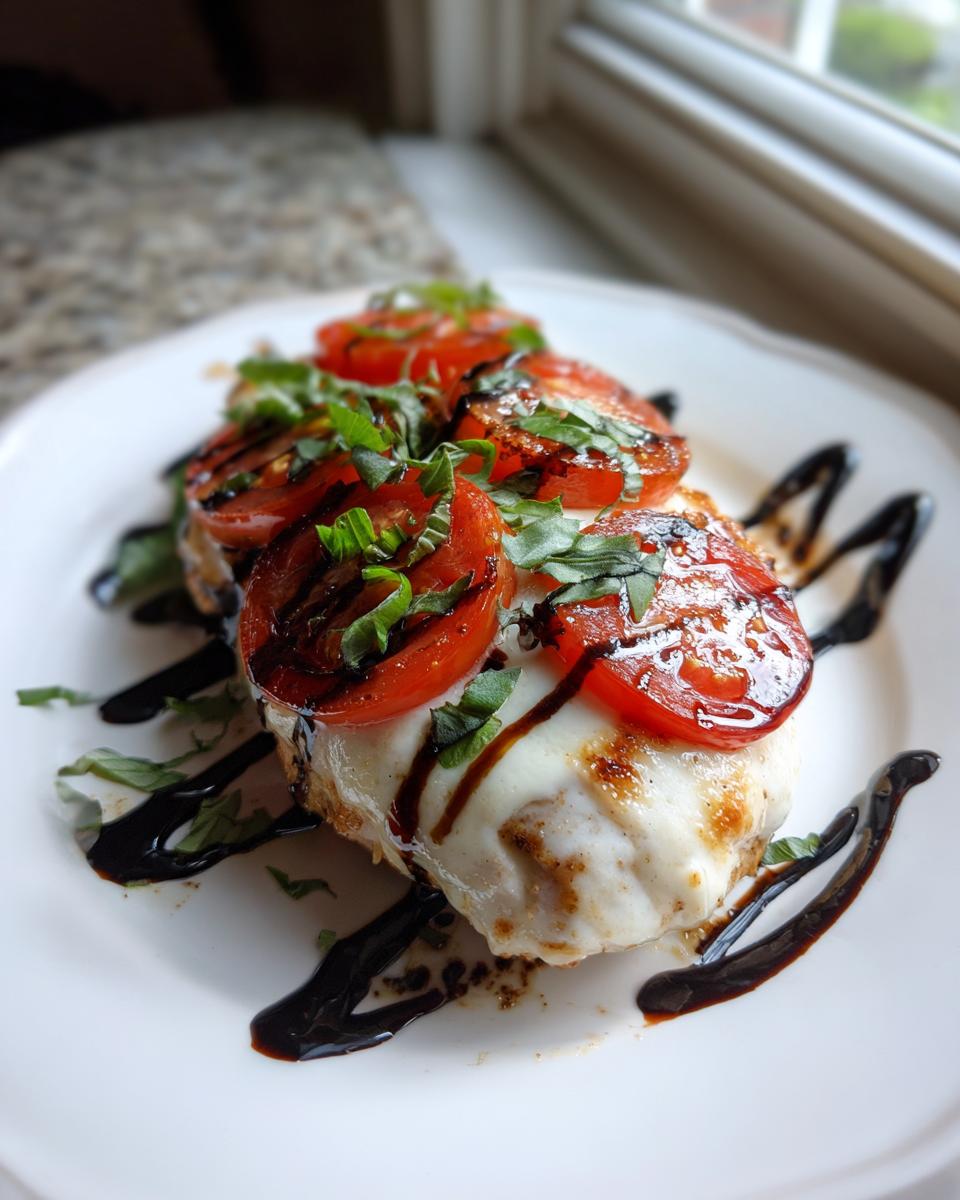 Close-up of delicious caprese chicken topped with melted mozzarella, grilled tomatoes, and fresh basil, drizzled with balsamic glaze.