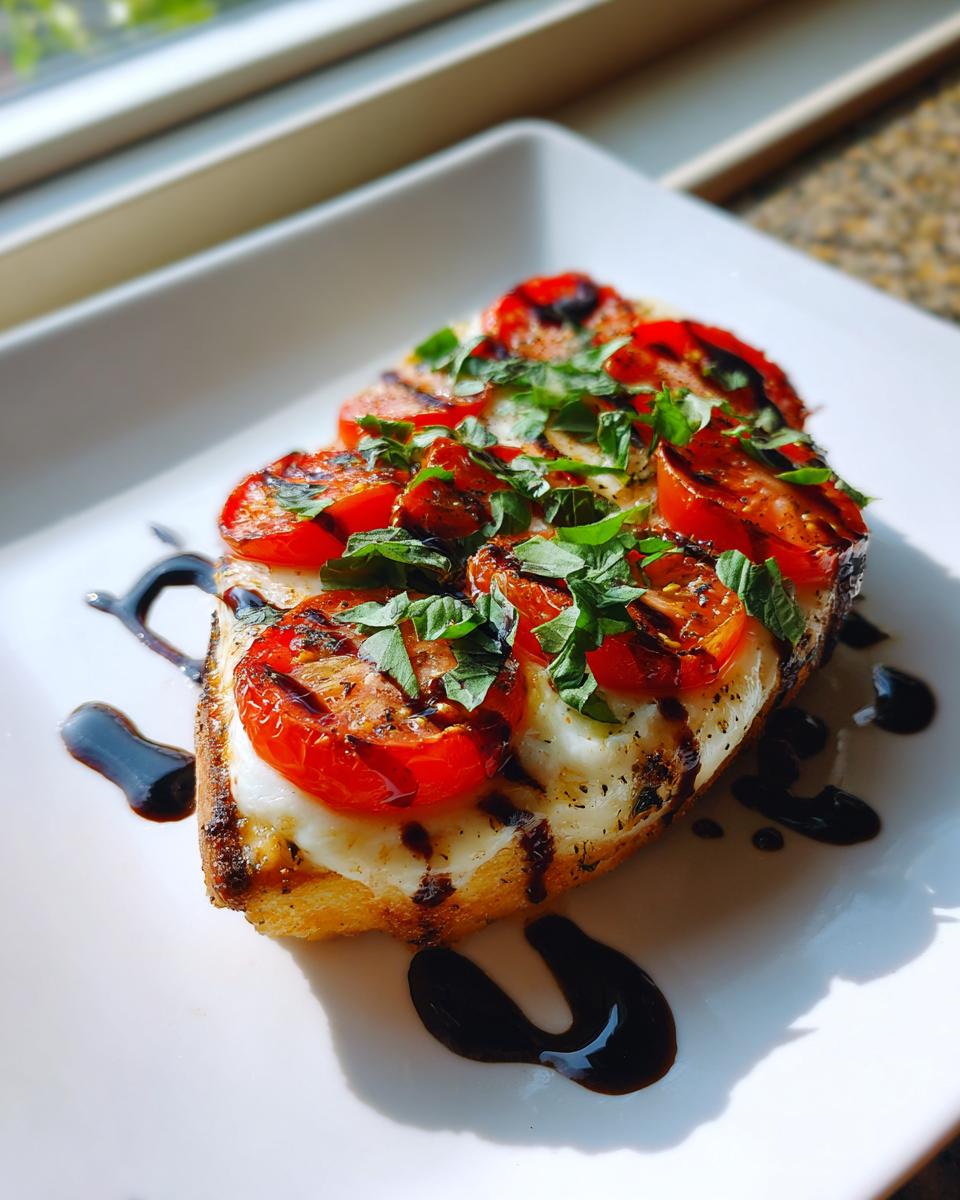 A piece of caprese chicken topped with melted mozzarella, grilled tomatoes, basil, and balsamic glaze.