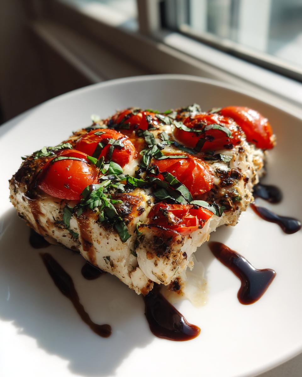 A piece of baked caprese chicken topped with melted mozzarella, roasted cherry tomatoes, and fresh basil, drizzled with balsamic glaze.