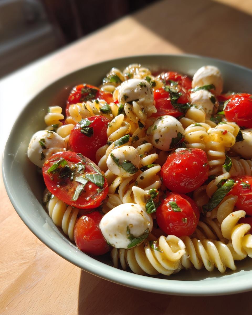 Close-up of a bowl of amazing caprese pasta salad featuring fusilli pasta, cherry tomatoes, mozzarella balls, and basil.