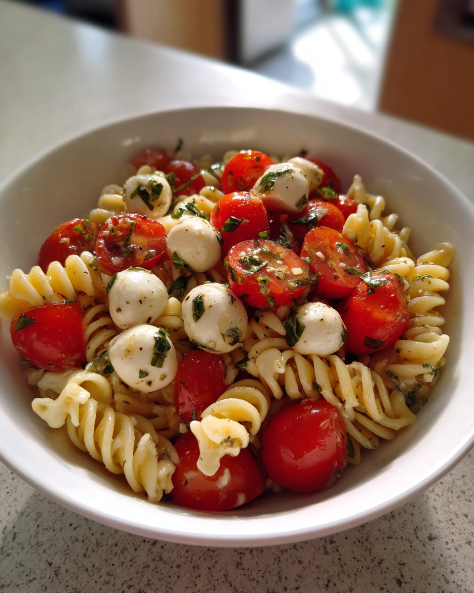 A white bowl filled with vibrant caprese pasta salad featuring fusilli, cherry tomatoes, and mozzarella balls.