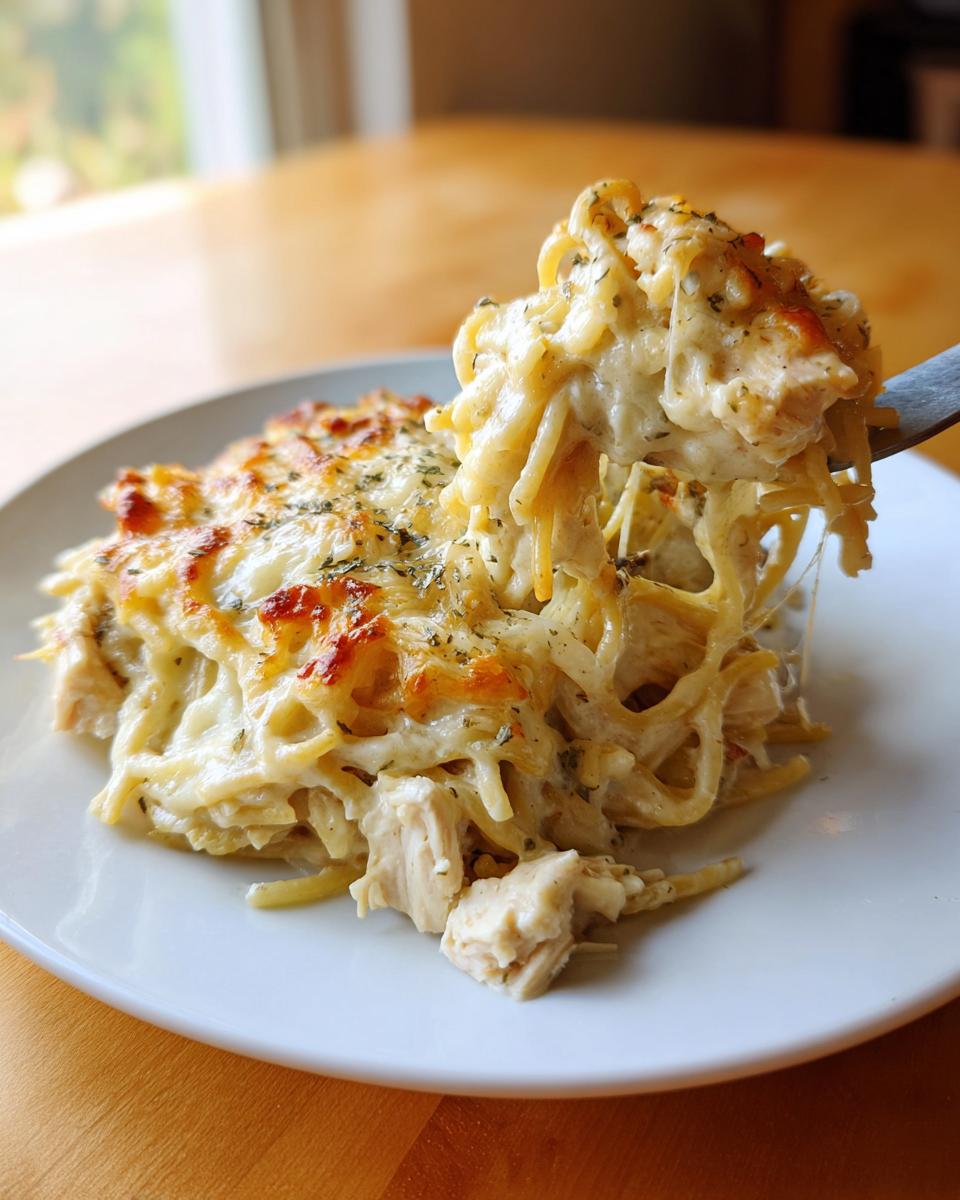 A fork lifts a cheesy, creamy portion of baked chicken spaghetti from a white plate.