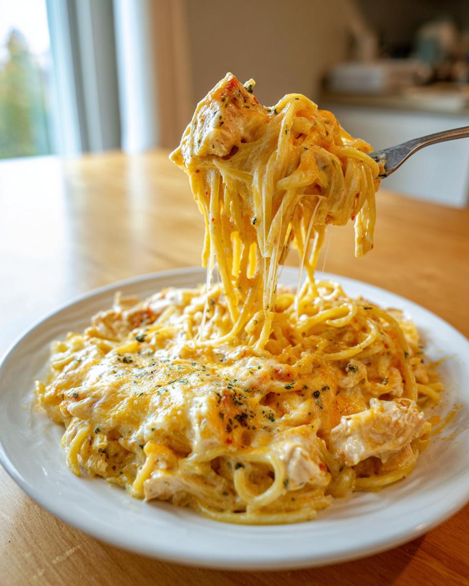 A fork lifts a cheesy, stringy portion of creamy chicken spaghetti from a white plate.