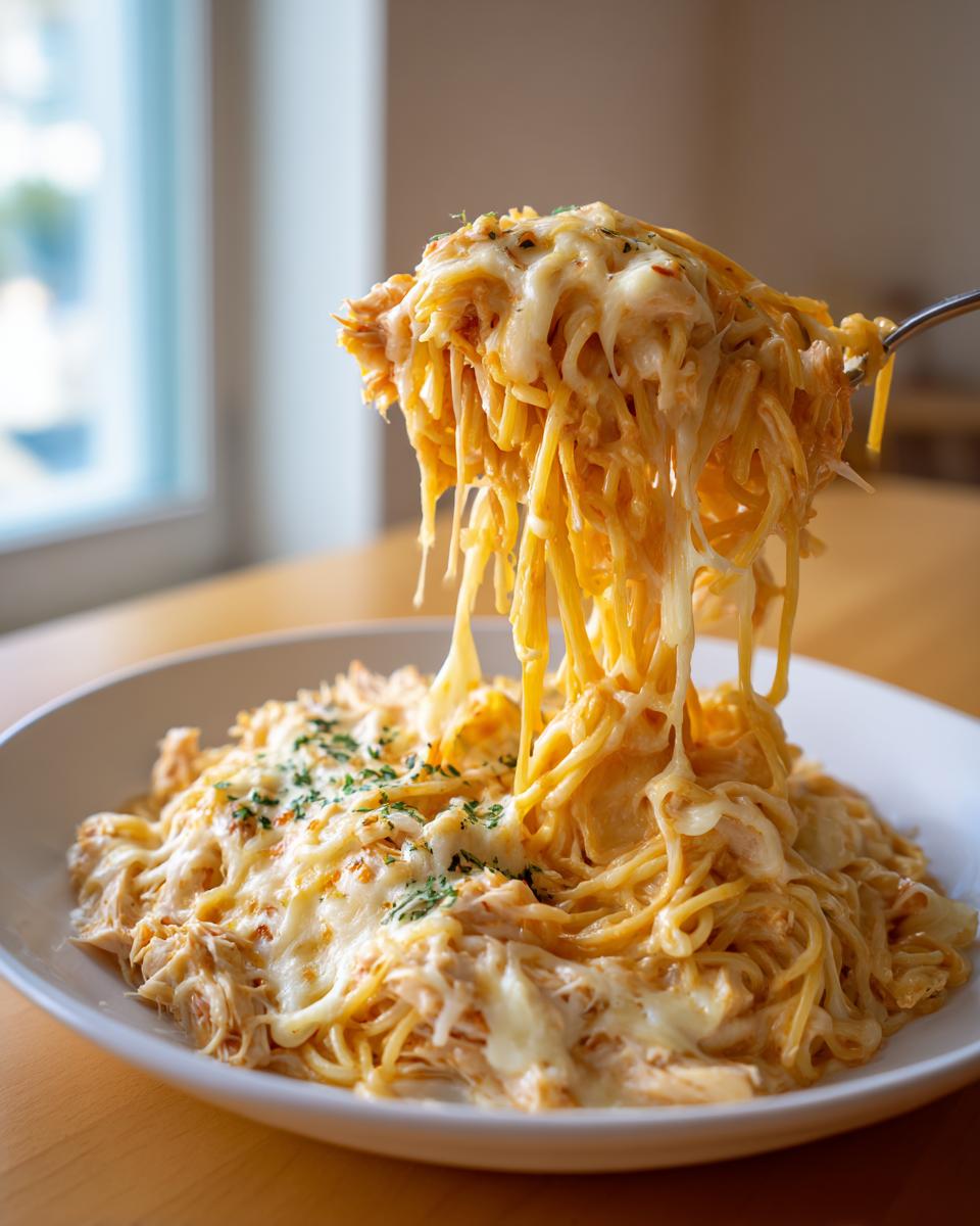 A fork lifts a large, cheesy portion of creamy chicken spaghetti, showing long, melted cheese pulls over the rest of the dish.