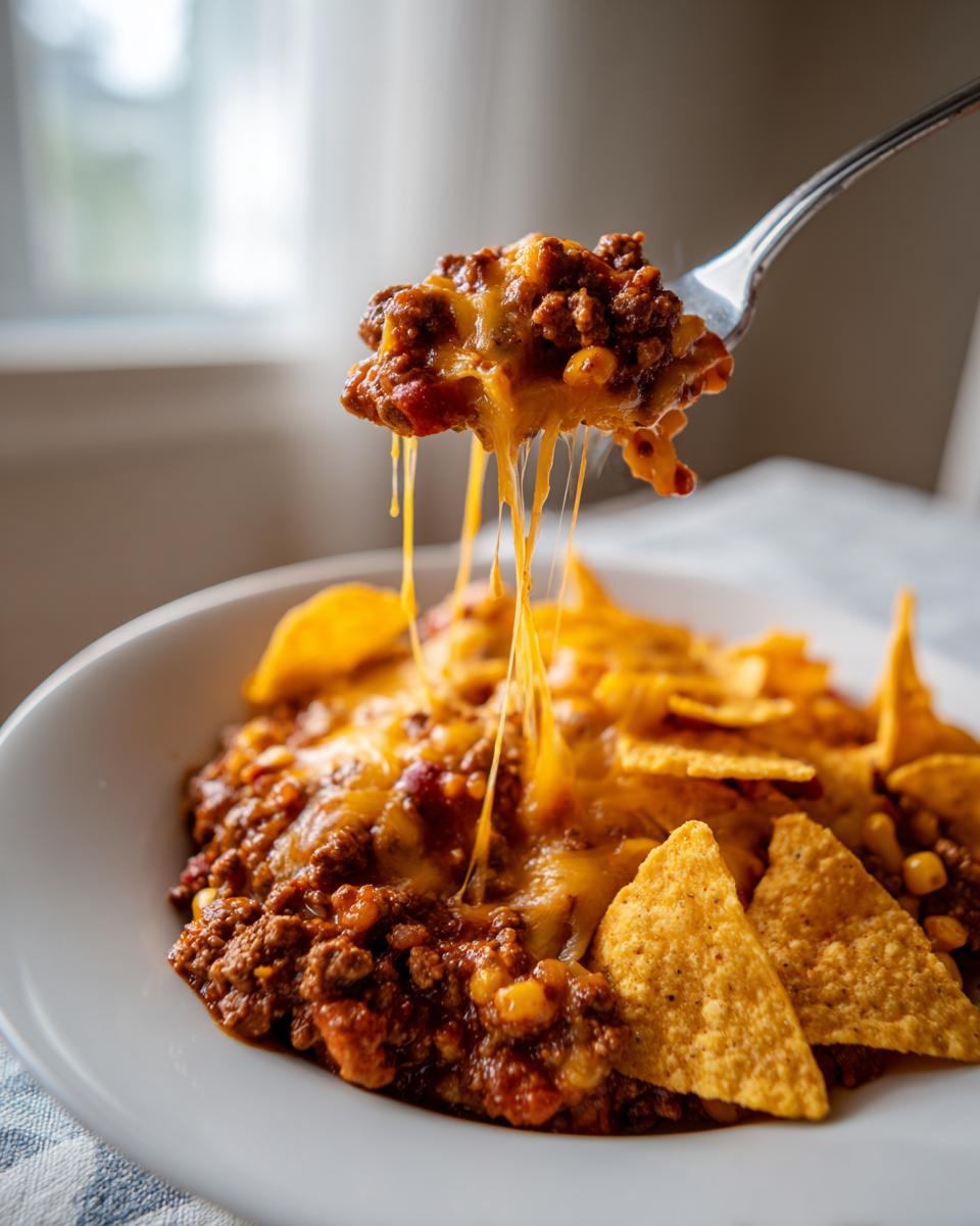 A fork lifts a bite of hearty frito pie covered in melted, stretching cheese over a bowl of chili and corn chips.