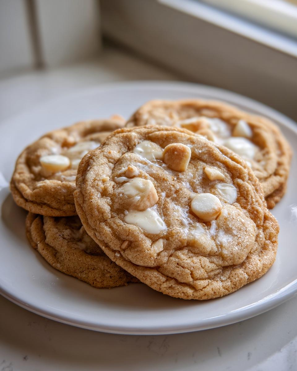 Close-up of three chewy white chocolate macadamia nut cookies stacked on a white plate.