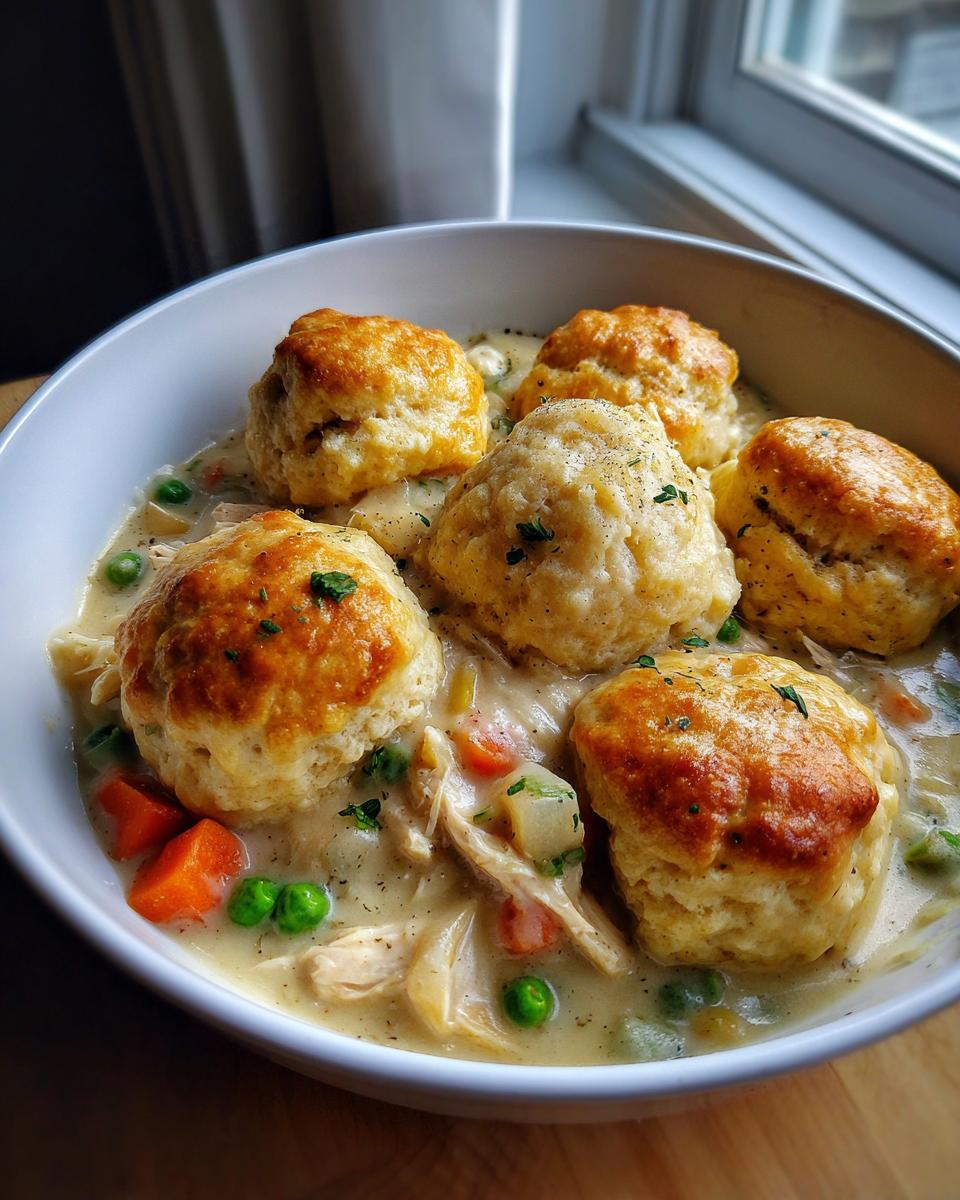 A white bowl filled with creamy chicken and dumpling stew, topped with golden-brown, fluffy biscuits.