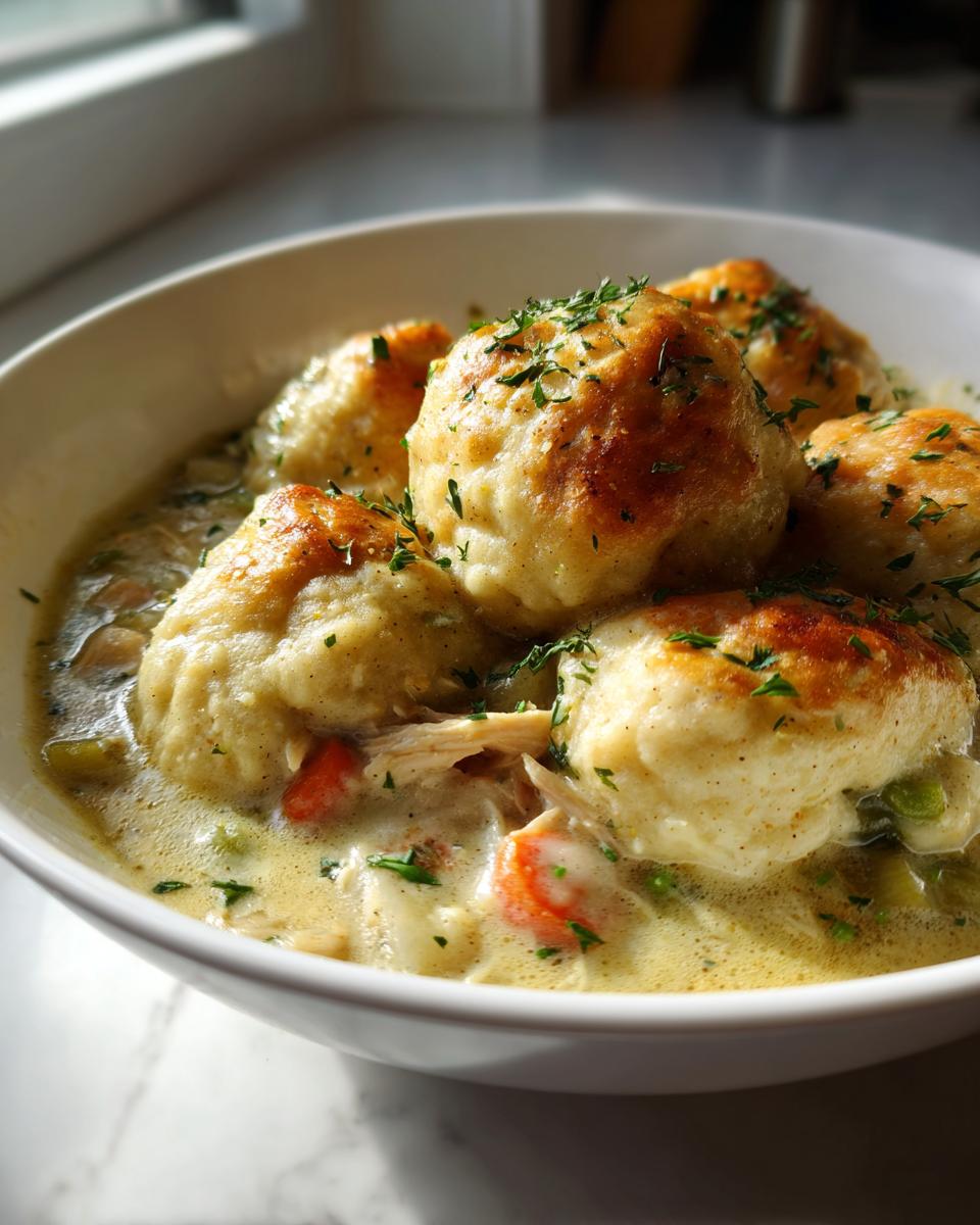 A white bowl filled with creamy chicken and dumpling stew, topped with golden-brown dumplings and fresh parsley.