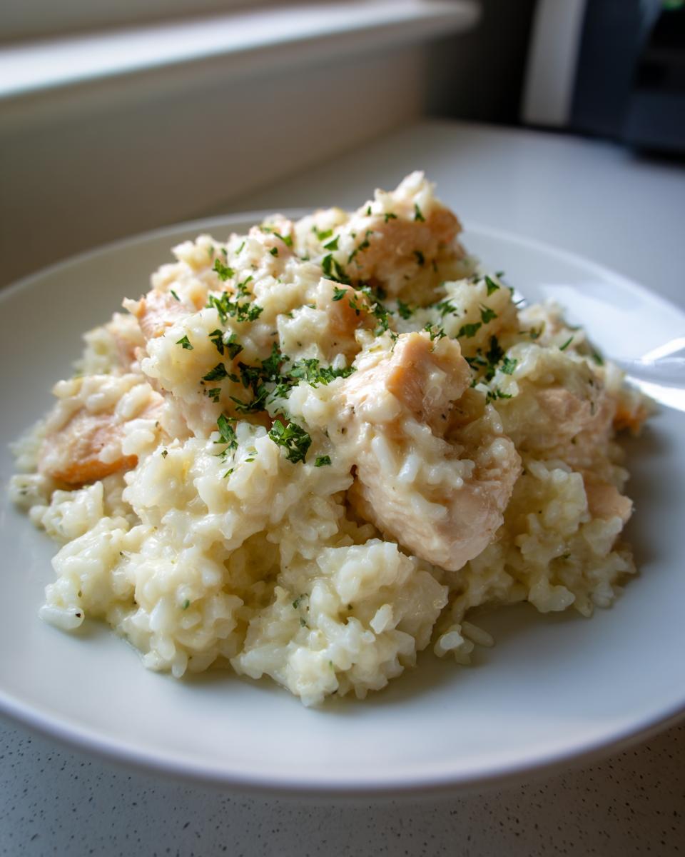 A creamy serving of chicken scampi with garlic parmesan rice, garnished with fresh parsley.