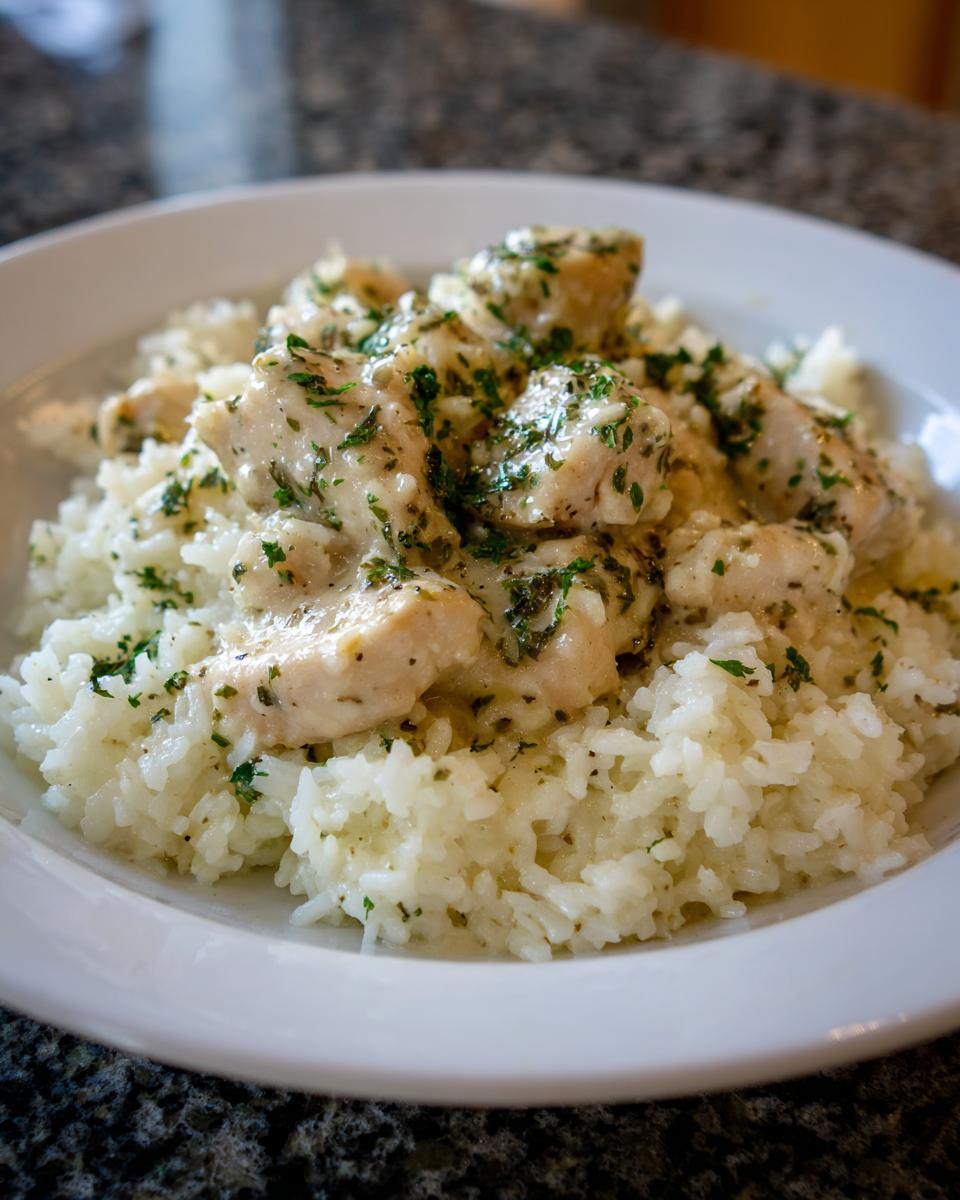 Close-up of tender chicken scampi pieces served over creamy garlic parmesan rice, garnished with parsley.